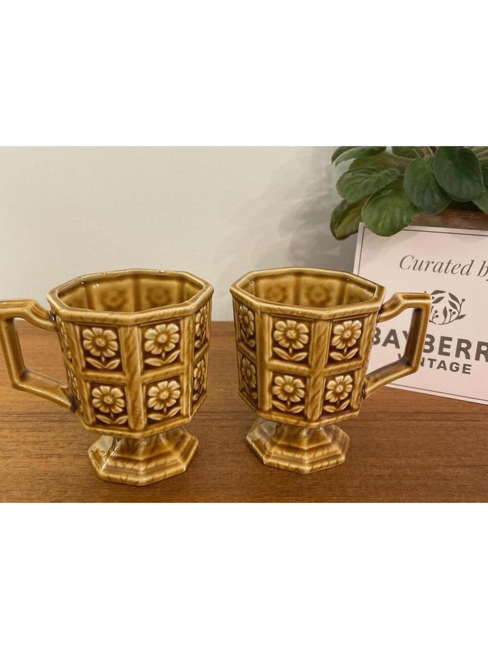 Vintage Amber Ceramic Footed Mugs Japan Floral Panel Set 2 Octagonal 1970s